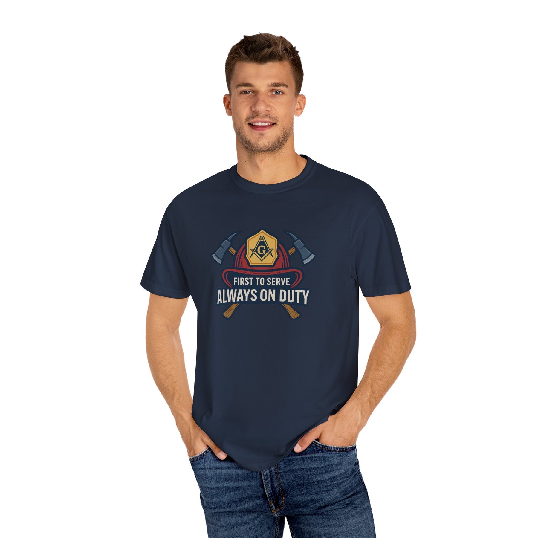 Master Mason Blue Lodge T-Shirt - Garment-Dyed Firefighter Tee - Bricks Masons