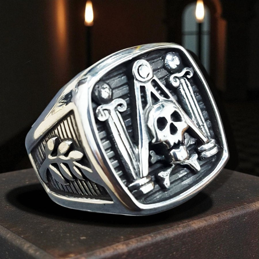 Masonic Skull Column Ring in Silver, 1.7 cm, 16 gr, Art. 78 - Bricks Masons