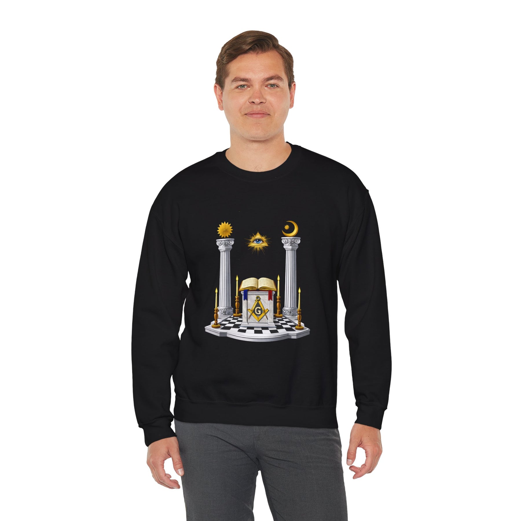 Master Mason Blue Lodge Sweatshirt - S&C G with Altar Pillars and Eye on Checkered Floor - Bricks Masons
