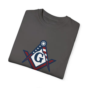 Master Mason Blue Lodge T-Shirt - Garment-Dyed USA Flag Mason - Bricks Masons