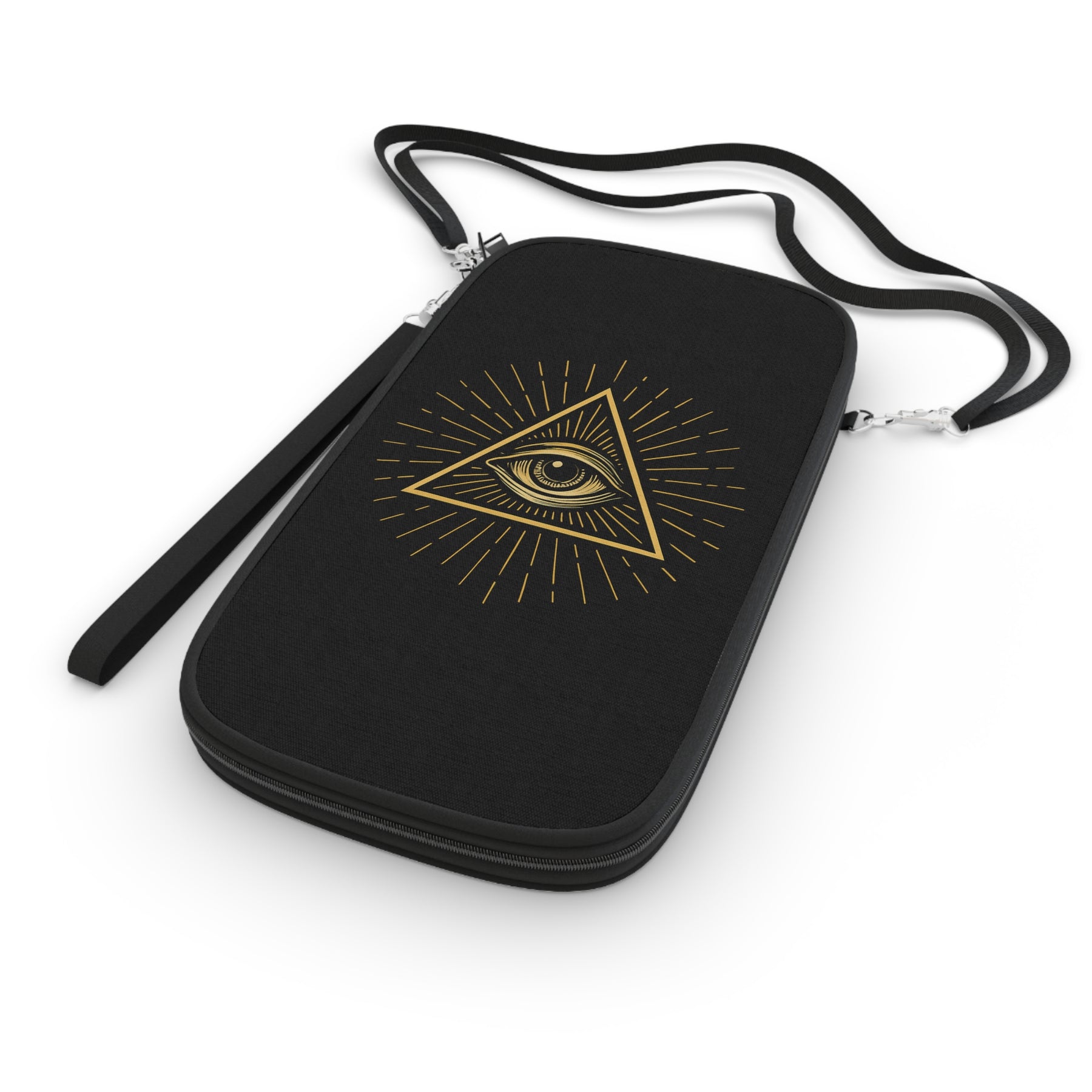 Eye of Providence Passport Wallet - Gold & Black With Shoulder & Wrist Strap - Bricks Masons