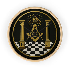 Master Mason Blue Lodge Clock - S&C with Pillars in Wooden Frame - Bricks Masons