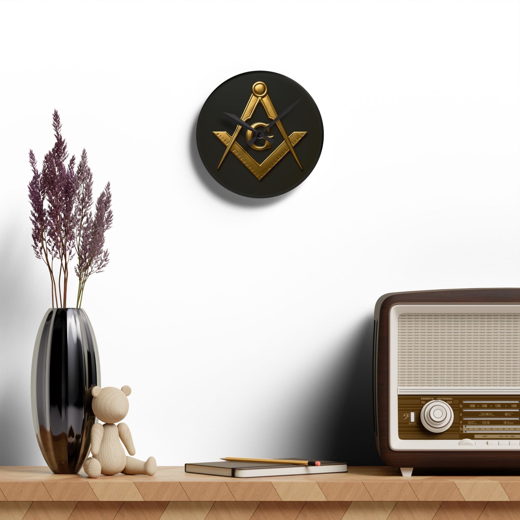 Master Mason Blue Lodge Clock - Square & Compass G Center Piece on Acrylic - Bricks Masons