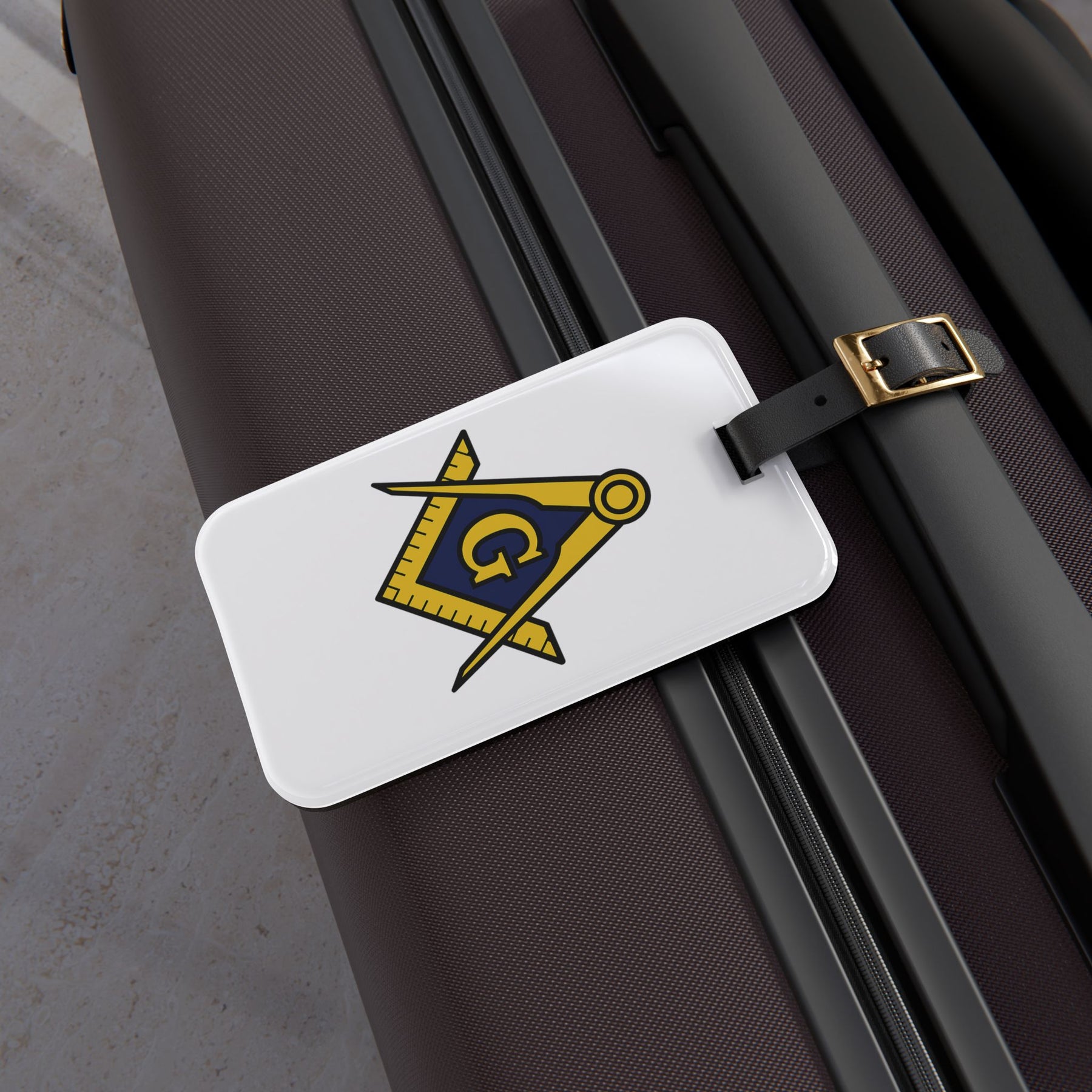 Master Mason Blue Lodge Luggage Tag - White S&C G With Black Leather Strap - Bricks Masons