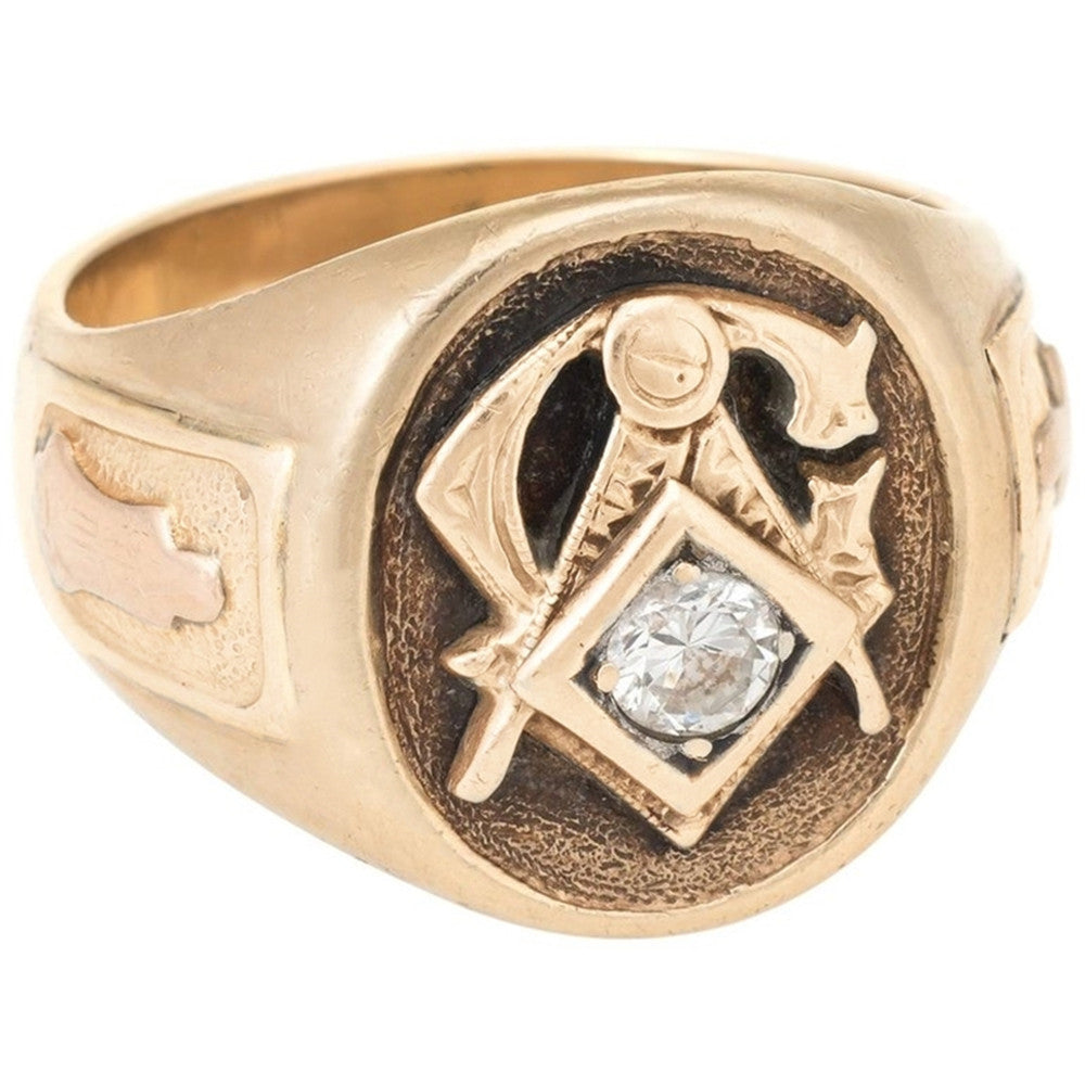 Master Mason Blue Lodge Ring - Gold Square And Compass G With Diamond - Bricks Masons