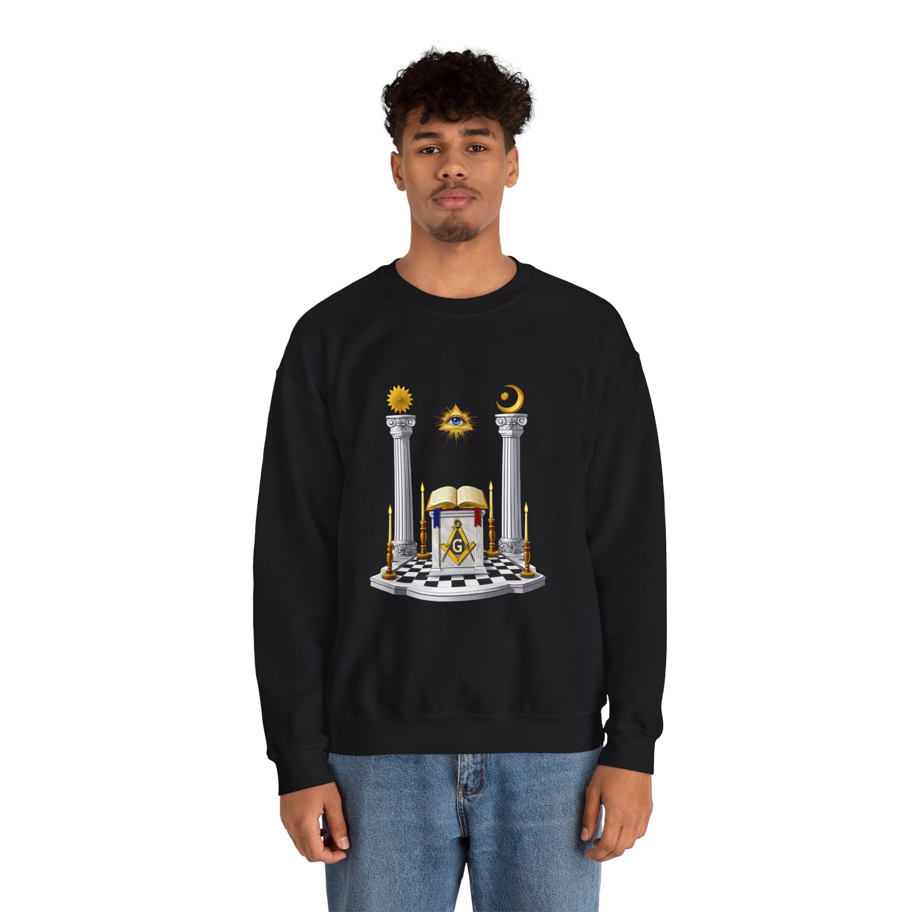 Master Mason Blue Lodge Sweatshirt - S&C G with Altar Pillars and Eye on Checkered Floor - Bricks Masons