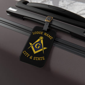 Master Mason Blue Lodge Luggage Tag - Personalizable Black S&C G With Black Leather Strap - Bricks Masons