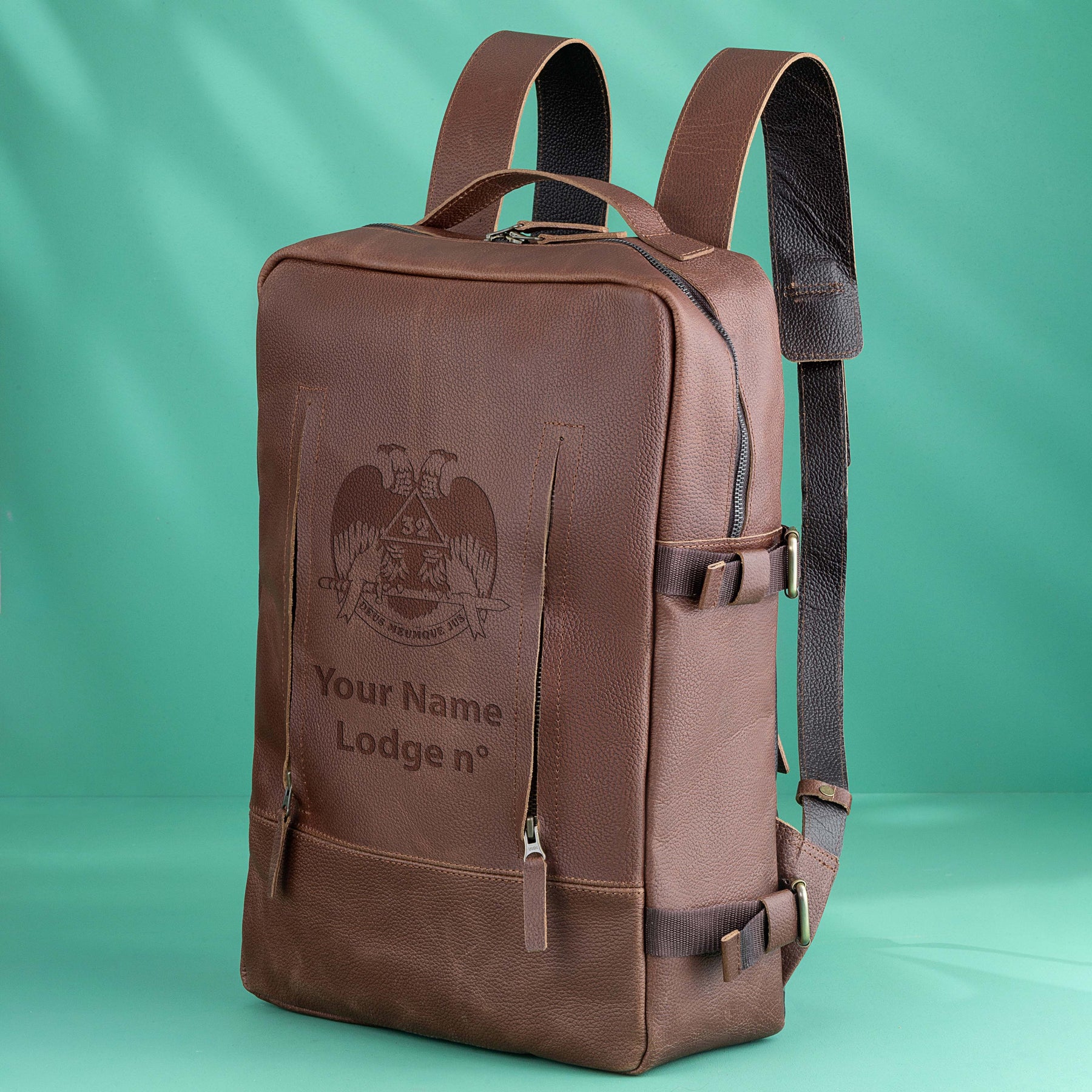 32nd Degree Scottish Rite Backpack - Wings Down Genuine Brown Leather - Bricks Masons