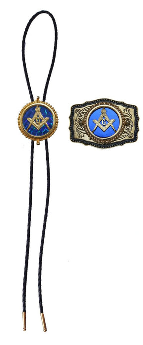 Master Mason Blue Lodge Bolo Tie and Buckle Set - Blue Raised Square & Compass - Bricks Masons
