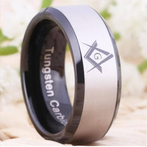 Master Mason Blue Lodge Ring - Black Beveled Tungsten Personalizable