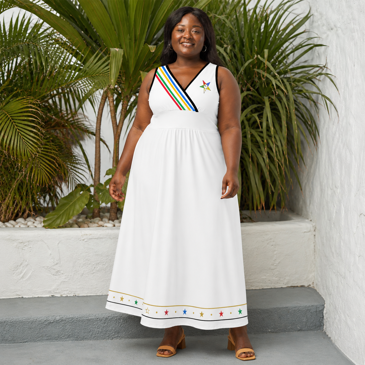Worthy Matron OES Dress - Sleeveless White with Colorful Eastern Stars - Bricks Masons