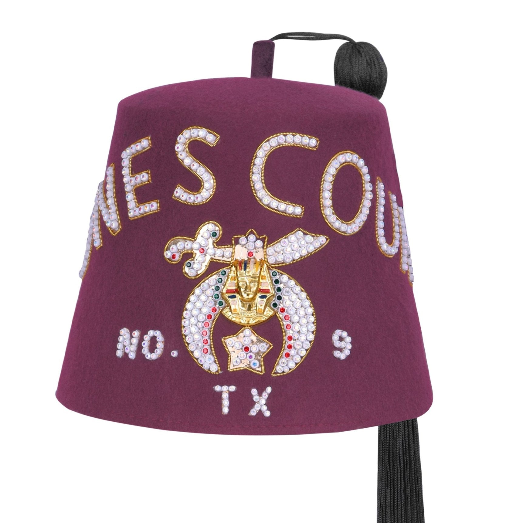 Shriners Fez Hat - Burgundy Wool Rhinestones Letters & Gold Embroidery