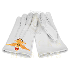 33rd Degree Scottish Rite Gloves - White Leather Eagle Patch Wings Up - Bricks Masons
