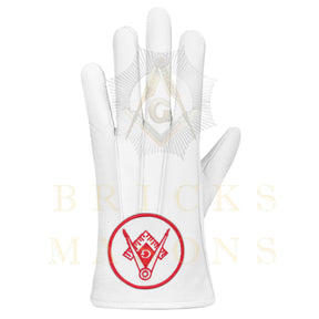 Master Mason Blue Lodge Gloves - White Leather Circular Red Square & Compass G Patch - Bricks Masons
