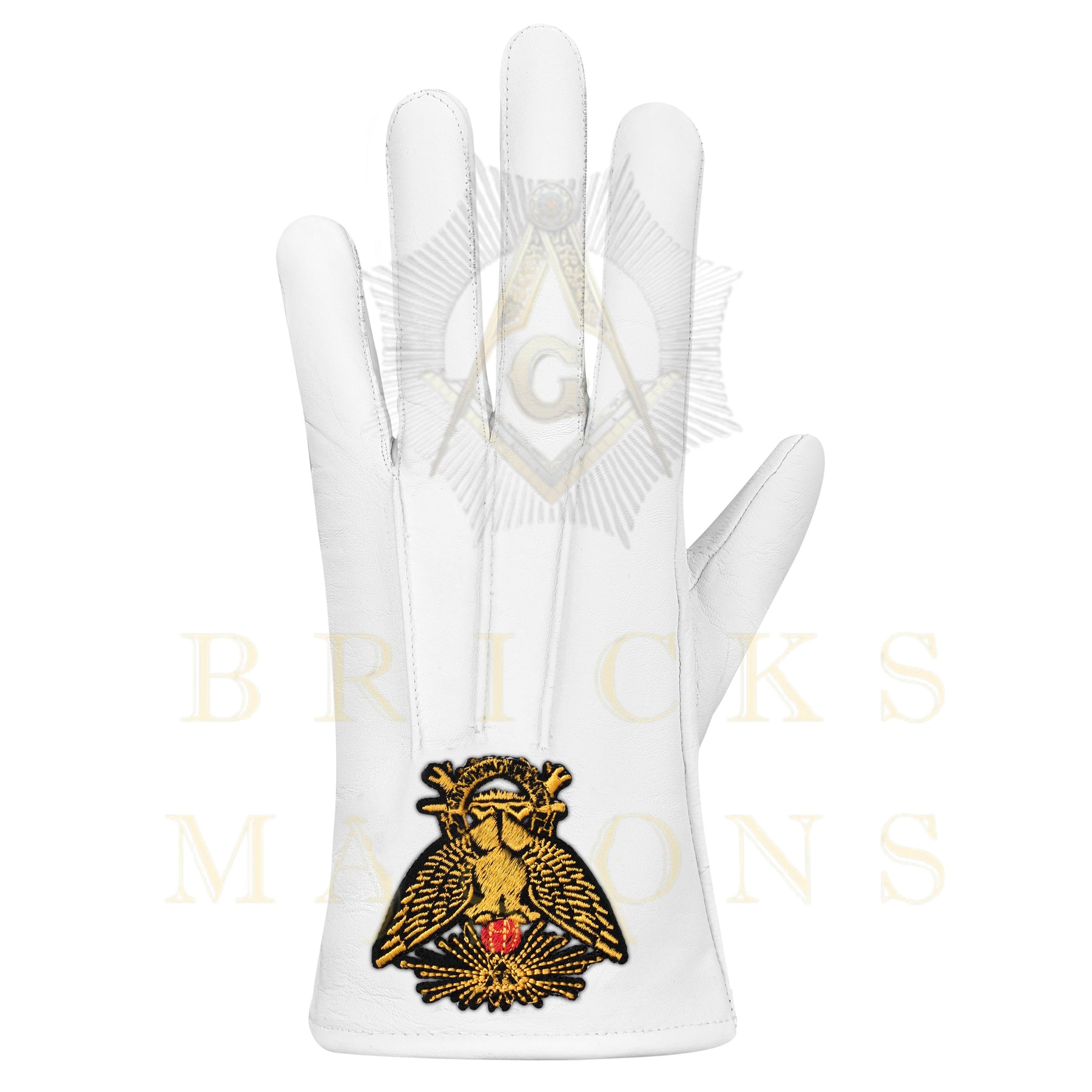 33rd Degree Scottish Rite Gloves -  White Leather Eagle Wings Up Patch - Bricks Masons