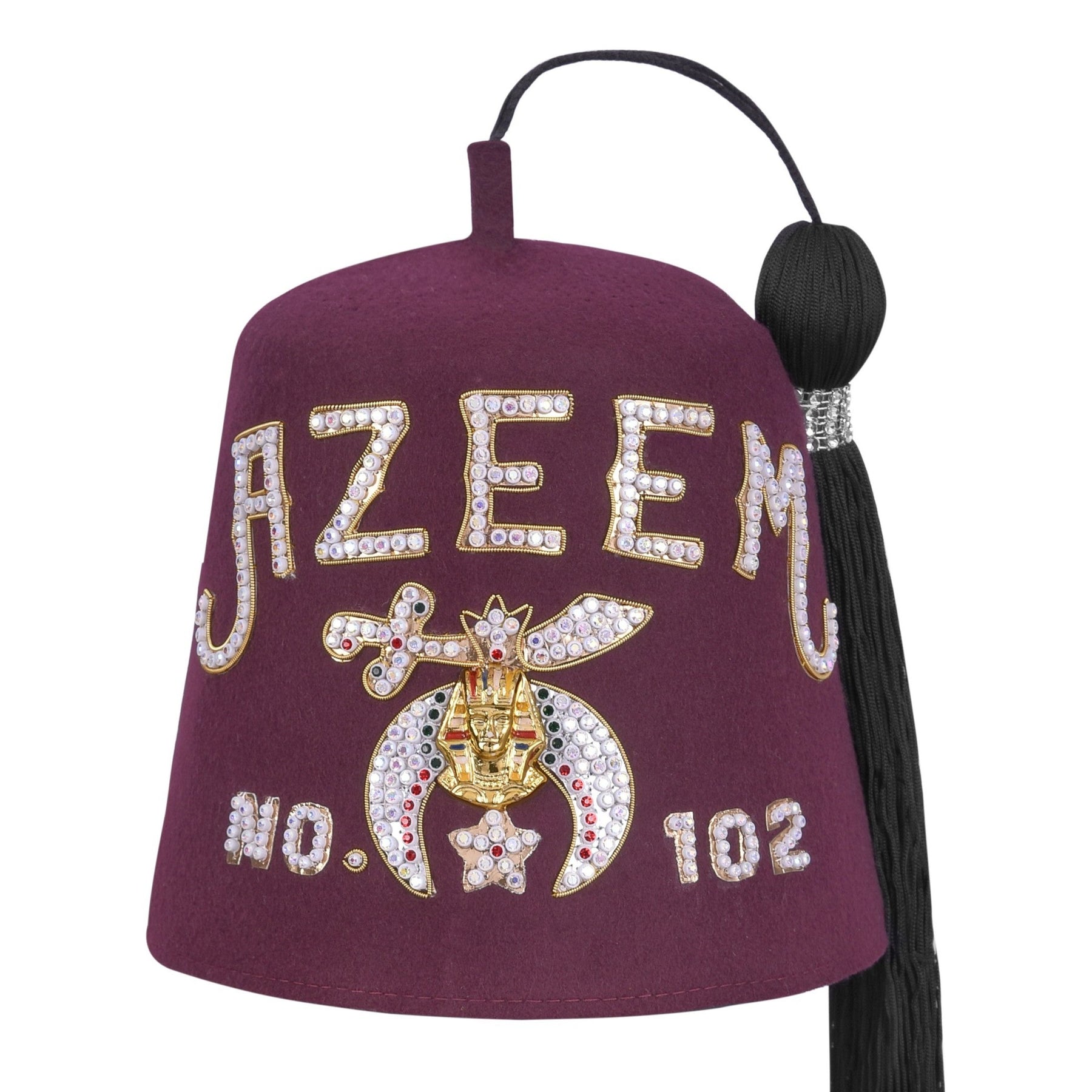 Shriners Fez Hat - Burgundy Wool Rhinestones Letters