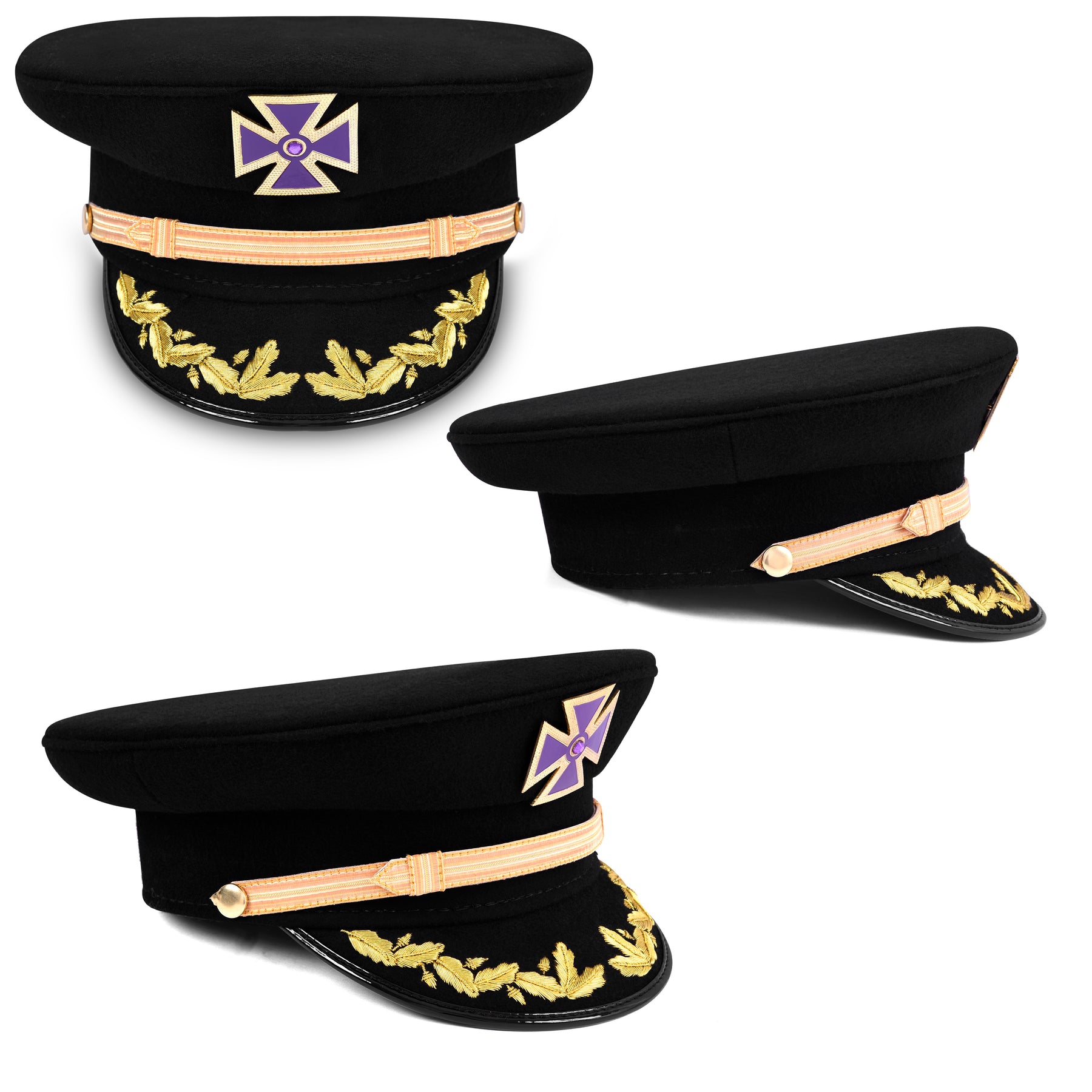 Knights Templar Commandery Fatigue Cap - Purple Metal Cross With Braid & Vinework (Gold/Silver - Bricks Masons