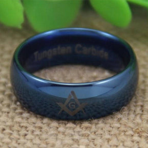 Master Mason Blue Lodge Ring - Blue Dome Tungsten Personalizable