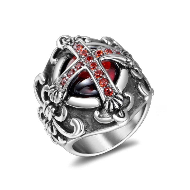 Knights Templar Commandery Ring - Red Stone Cross Silver and Gold