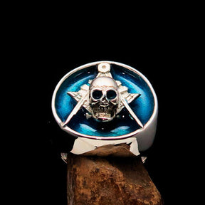 Master Mason Blue Lodge Ring - Blue Sterling Silver With Skull Square and Compass