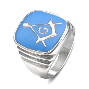 Master Mason Blue Lodge Ring - Silver & Blue Stainless Steel Square and Compass G - Bricks Masons