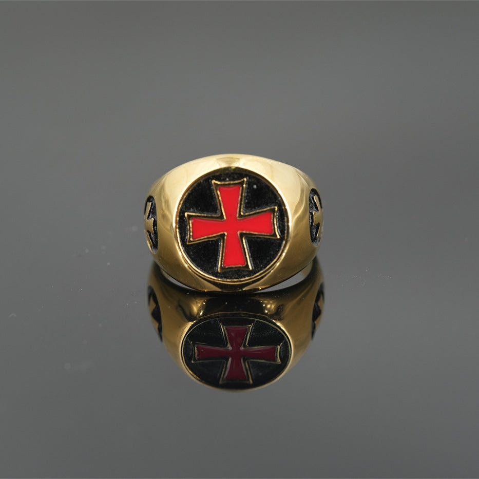 Red Cross of Constantine Ring -  Gold Titanium Steel With Red Cross - Bricks Masons