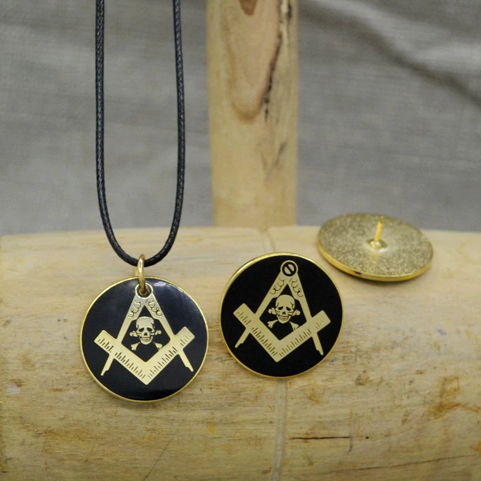 Widows Sons Necklace - Black & Gold Plated Pendant Leather Chain - Bricks Masons