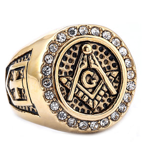 Master Mason Blue Lodge Ring - Black and Gold Zirconia Square & Compass G - Bricks Masons