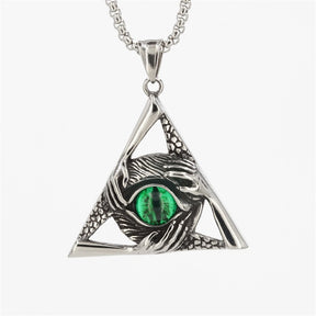 Eye Of Providence Pendant - Silver Titanium Steel Green & Blue All Seeing Eye Stone - Bricks Masons