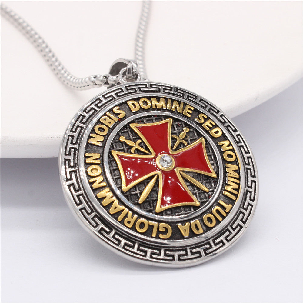 Knights Templar Commandery Pendant - Golden Steel Round Pendant With Red Cross - Bricks Masons