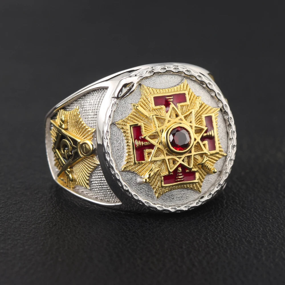 Sovereign Grand Inspector General Scottish Rite Ring - Sterling Silver Gold & Red