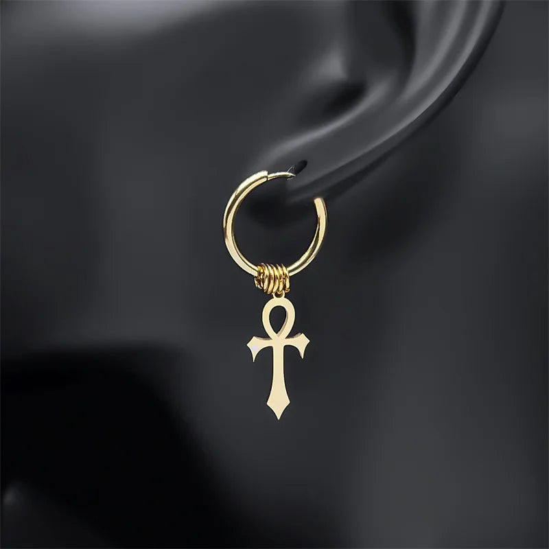 Ancient Egypt Earring - Gold Plated Stainless Steel Ankh Cross Dangle Style - Bricks Masons