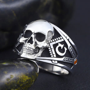 Master Mason Blue Lodge Ring - Square & Compasses G with Antique Skull