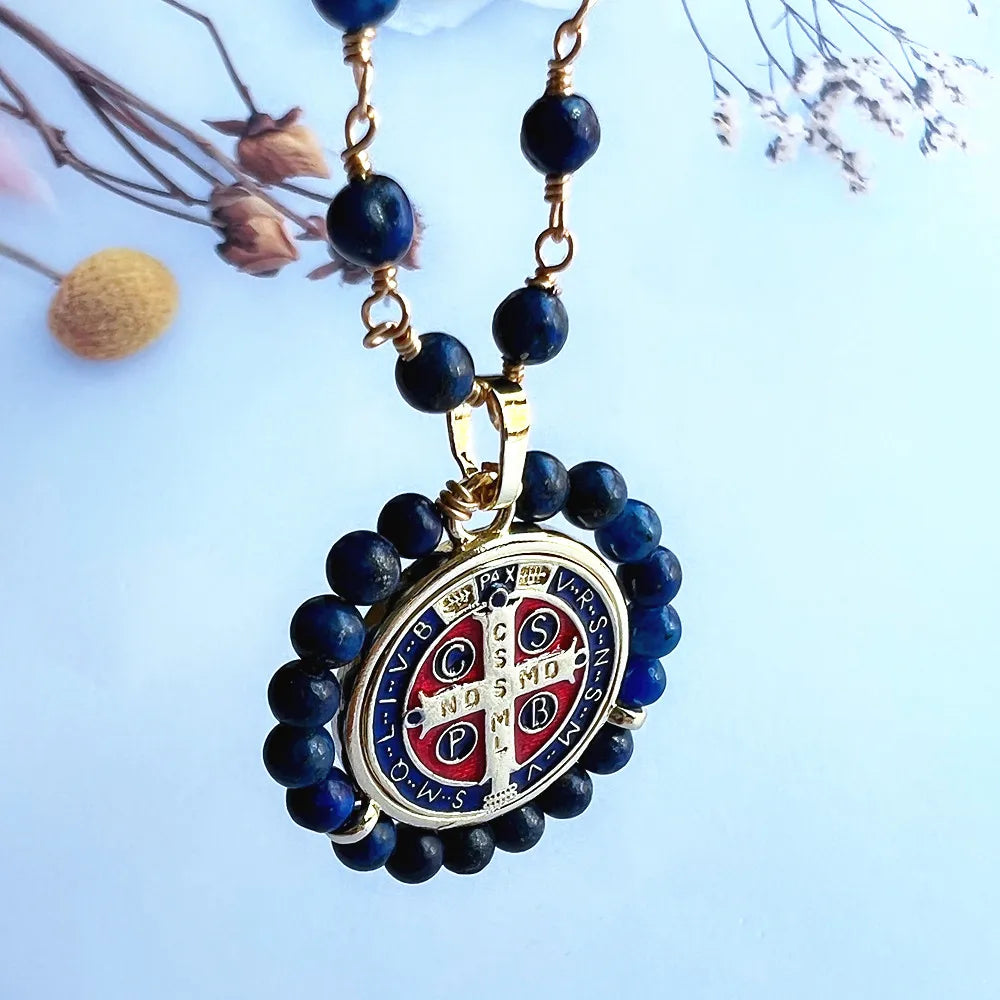 Knights Templar Commandery Necklace - Saint Benedict Natural Lapis Beads - Bricks Masons