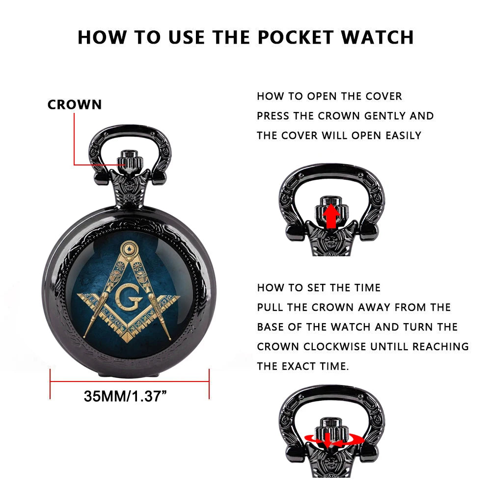 Master Mason Blue Lodge Pocket Watch - Pendant Chain Classic Design Quartz Case - Bricks Masons