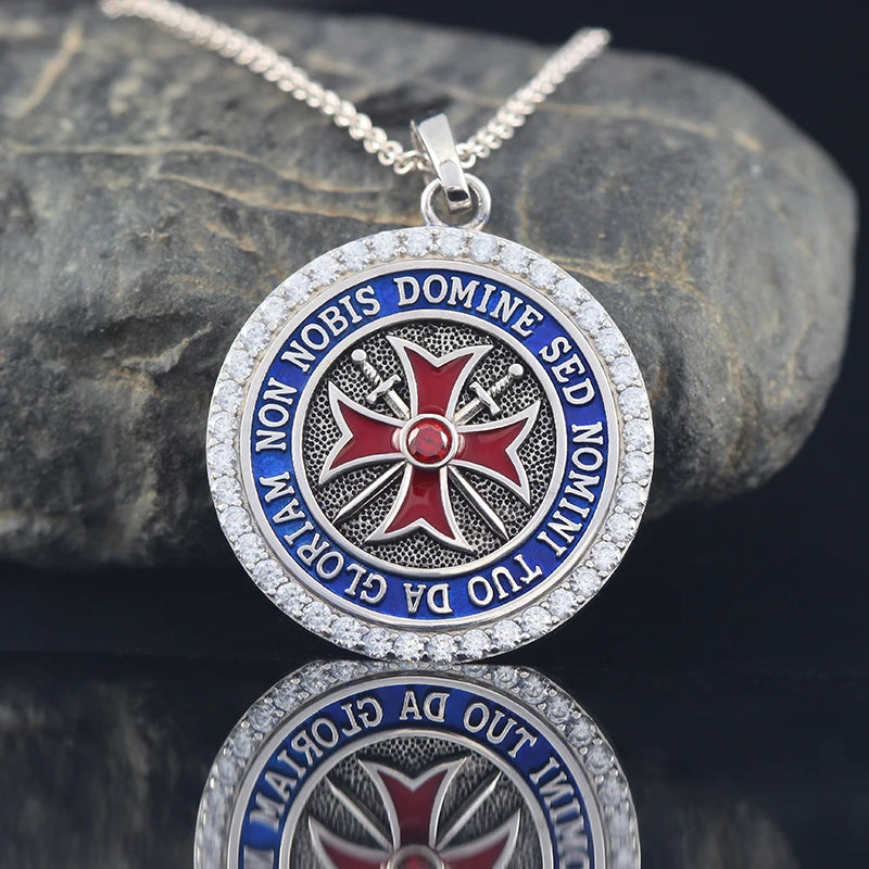 Knights Templar Pendant - Convexity Round Red Cross Frame Sword Sterling Silver - Bricks Masons