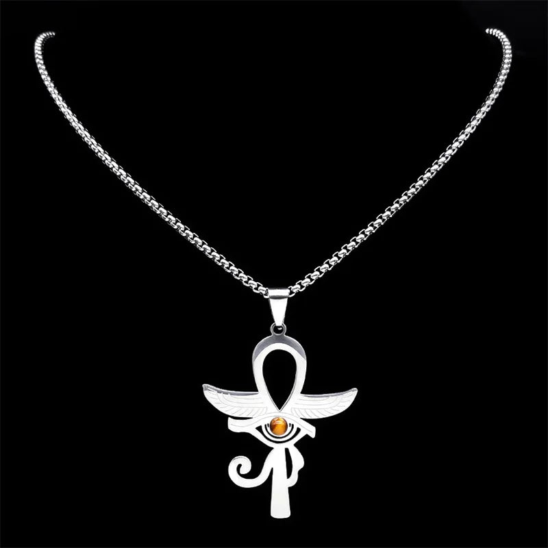 Ancient Egypt Necklace - Silver Ankh Cross Key of Life Stainless Steel - Bricks Masons