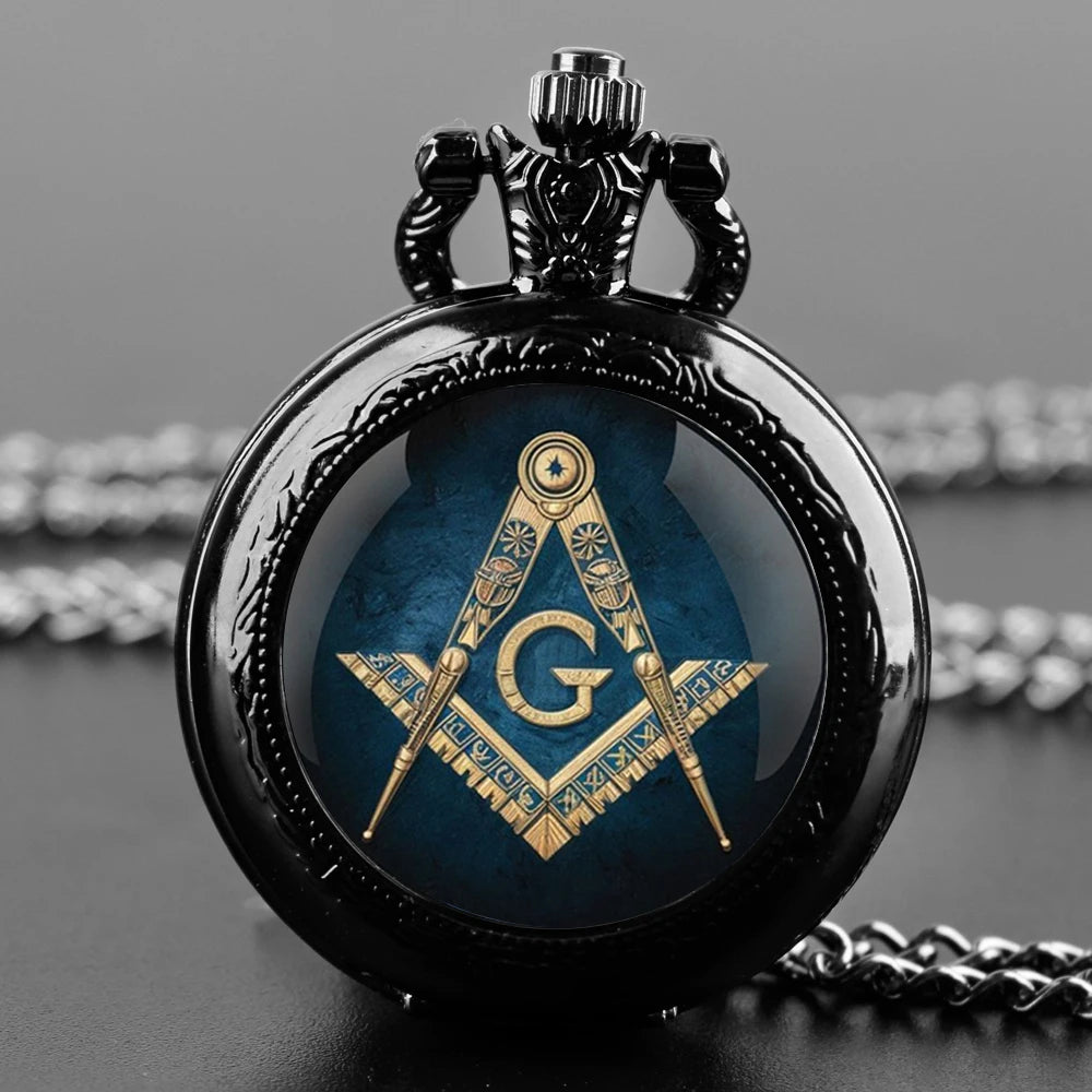 Master Mason Blue Lodge Pocket Watch - Pendant Chain Classic Design Quartz Case - Bricks Masons
