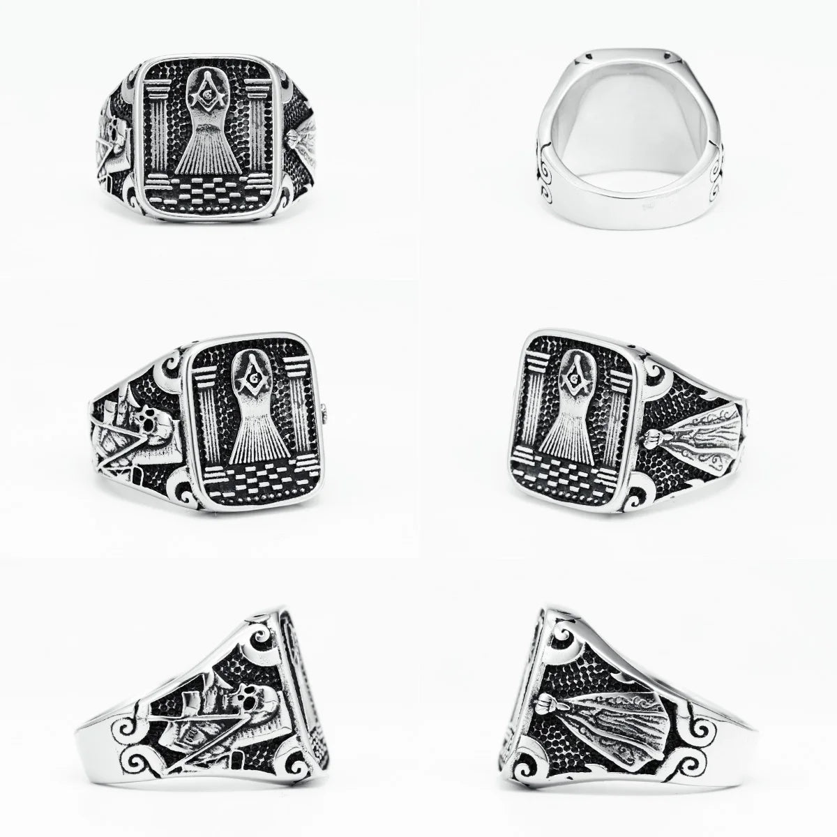 Master Mason Blue Lodge Ring - 316L Stainless Steel Pillars & Skeleton - Bricks Masons