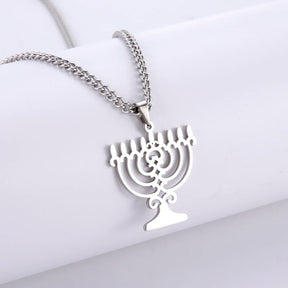 Ancient Israel Necklace - Triangle Menorah Pendant Necklace Stainless Steel - Bricks Masons