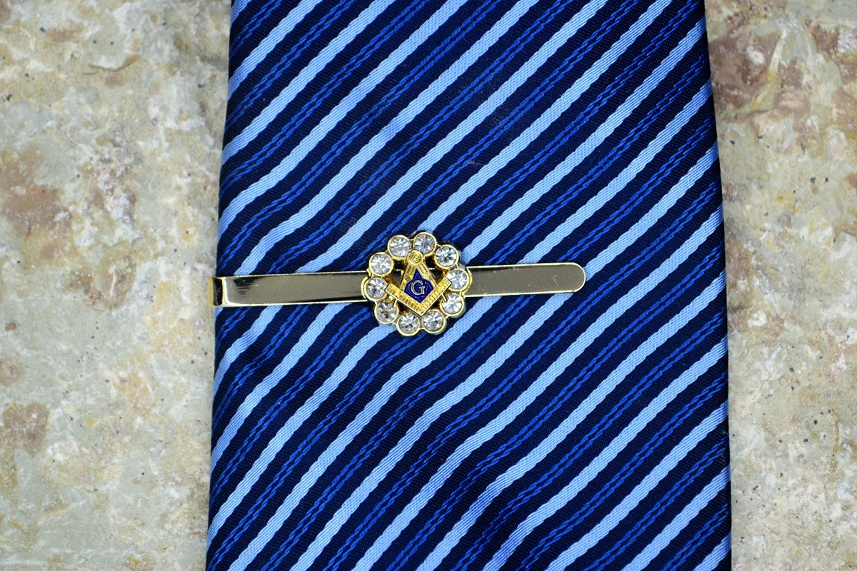 Master Mason Blue Lodge Tie Bar - Gold Plated Rhinestone Square And Compass G