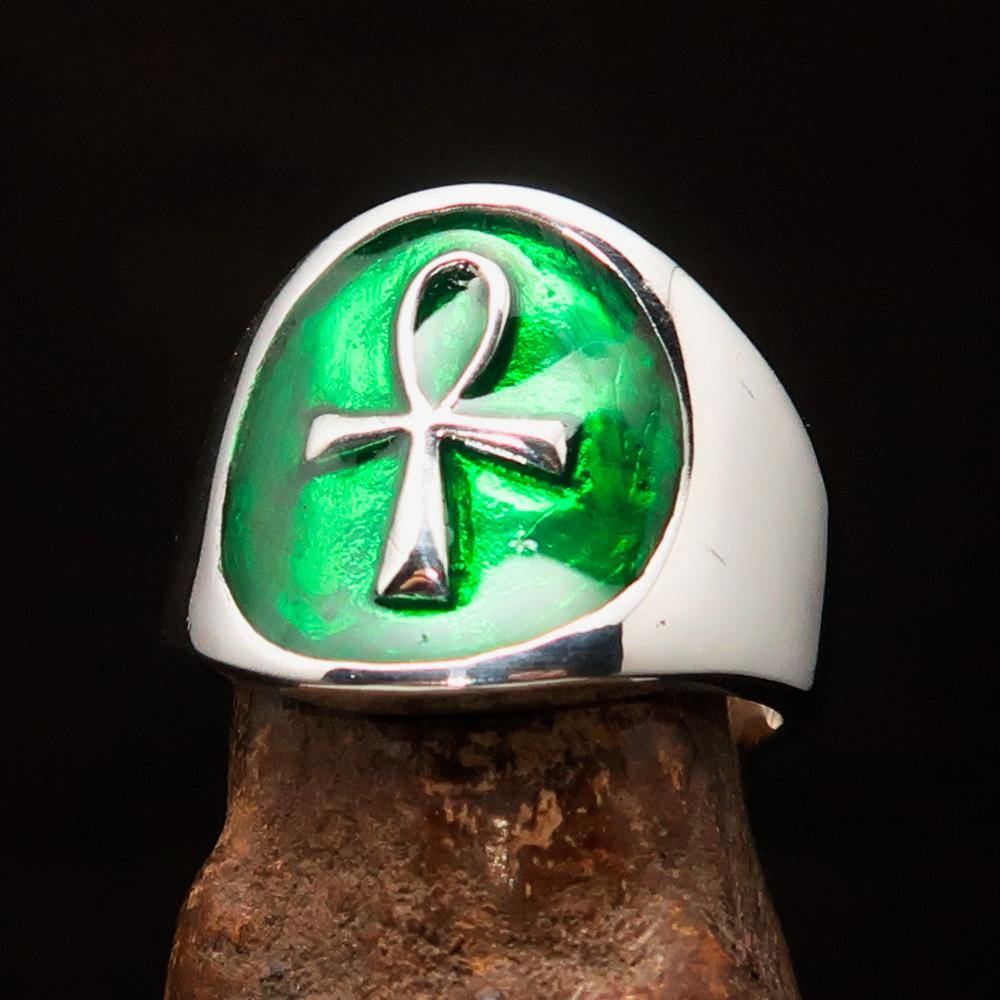 Ancient Egypt Ring - Green Sterling Silver Ankh - Bricks Masons
