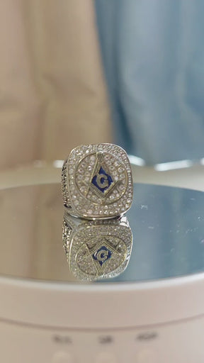 Master Mason Blue Lodge Ring - Sterling Silver Rhinestones With S&C - Bricks Masons