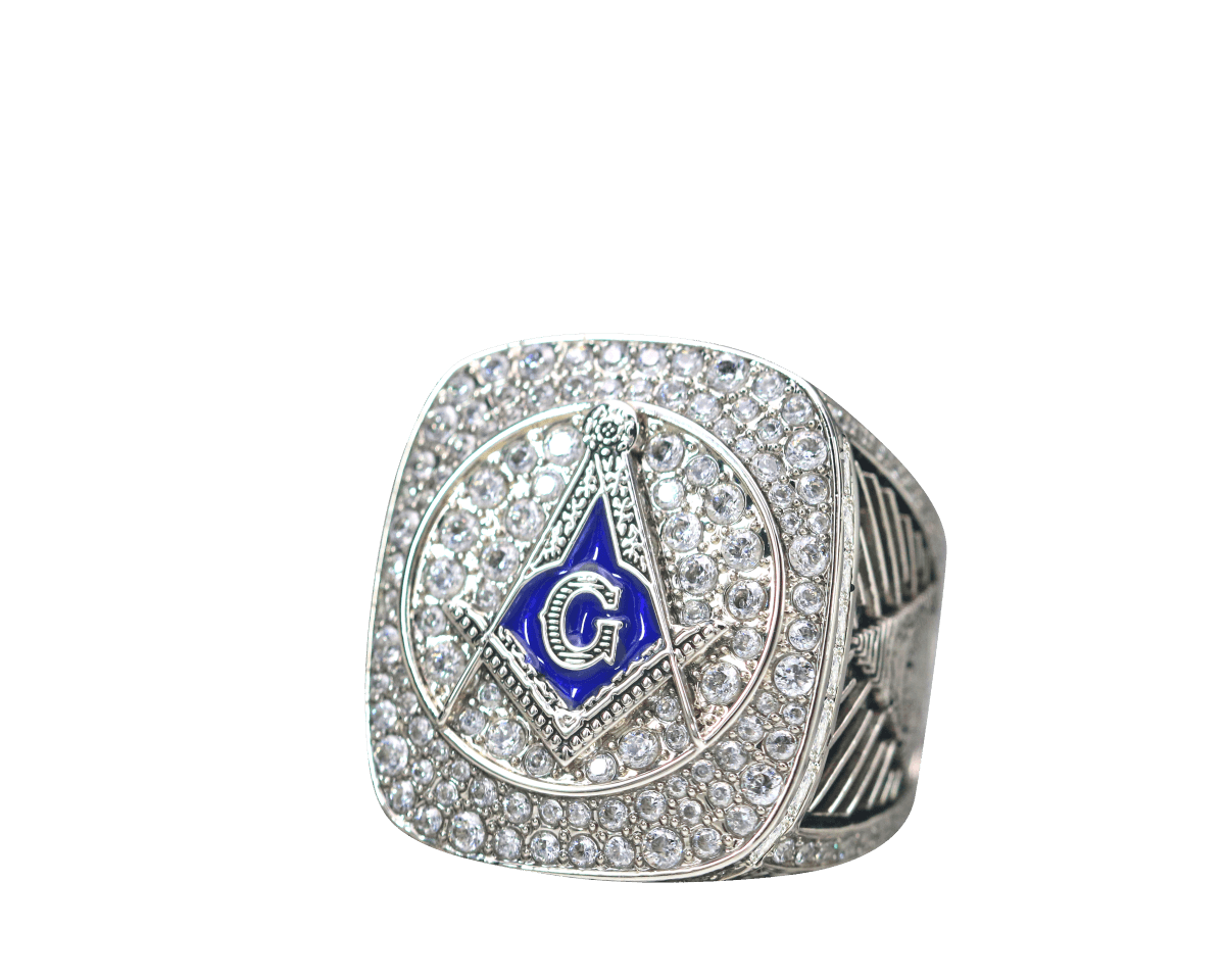 Master Mason Blue Lodge Ring - White Gold Plated With Rhinestones - Bricks Masons