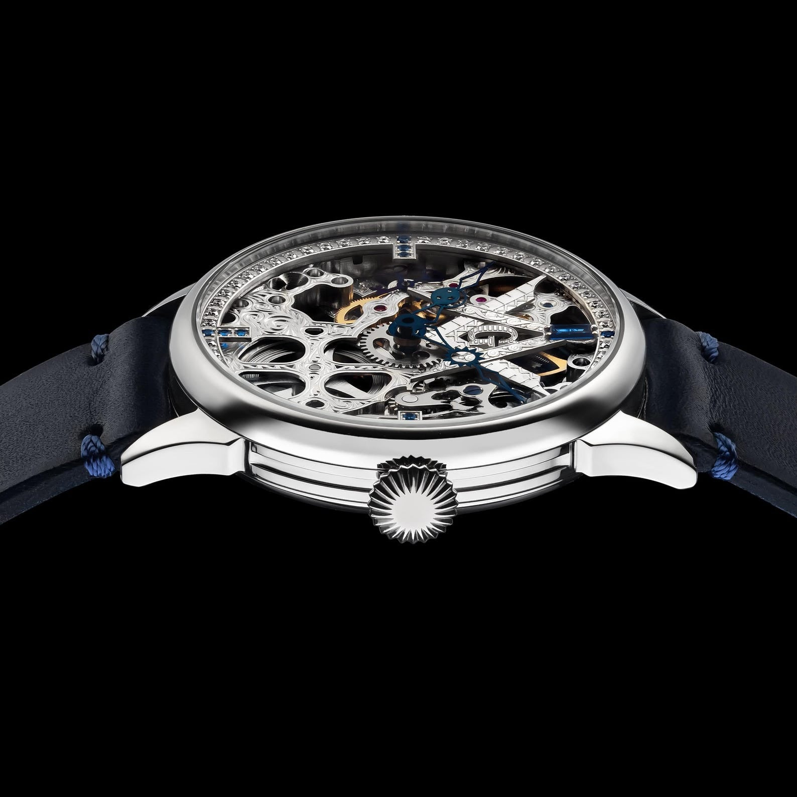 Master Mason Blue Lodge Wristwatch - Silver Skeleton With Stones