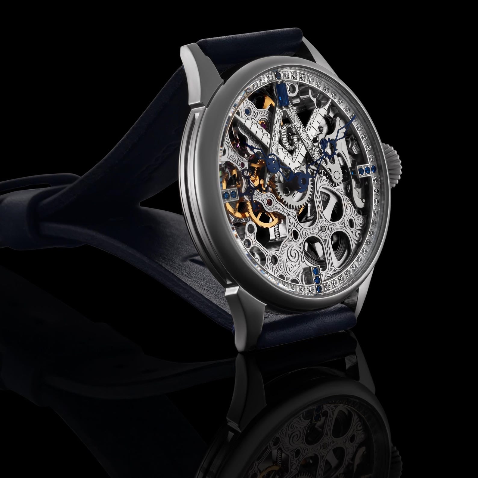 Master Mason Blue Lodge Wristwatch - Silver Skeleton With Stones