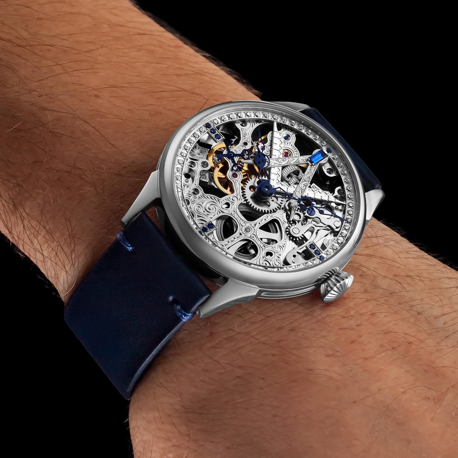Master Mason Blue Lodge Wristwatch - Silver Skeleton With Stones