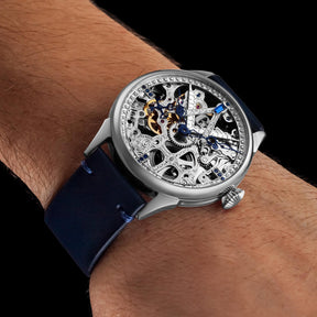 Master Mason Blue Lodge Wristwatch - Silver Skeleton With Stones