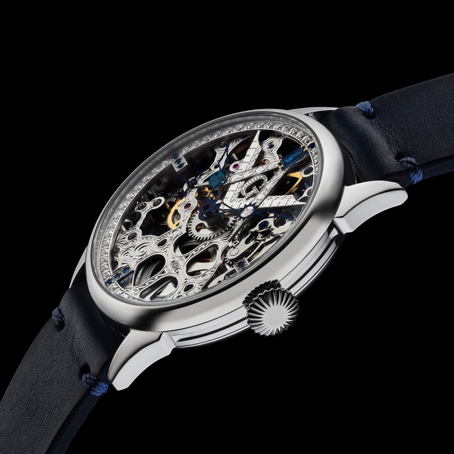Master Mason Blue Lodge Wristwatch - Silver Skeleton With Stones