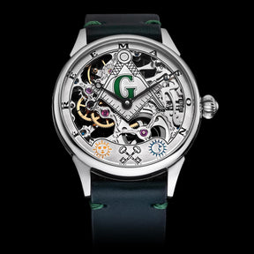 Master Mason Blue Lodge Wristwatch -  Silver Skeleton Dial Intricate Detailing - Bricks Masons